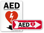 AED signs and defibrillator signs for wall, cabinet and door mounting in indoor and outdoor facilities
