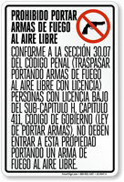 Spanish Open Carry of Handguns Prohibited Sign Texas