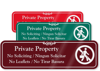 Bilingual Private Property  No Soliciting Engraved Sign